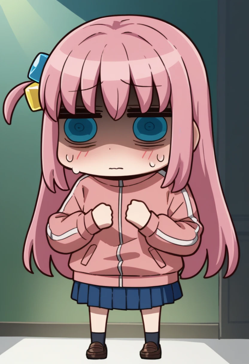 score_9, score_8_up, score_7_up, chibi, april fools, solo, 1girl, gotoh hitori, bocchi the rock!, sweat, shaded face, shy, gloom \(expression\), pink hair, one side up, cube hair ornament, blue eyes, pink jacket, track jacket, blue skirt, pleated skirt, loafers, spotlight <lora:style_fgoaprilfools_ponyXL:1>