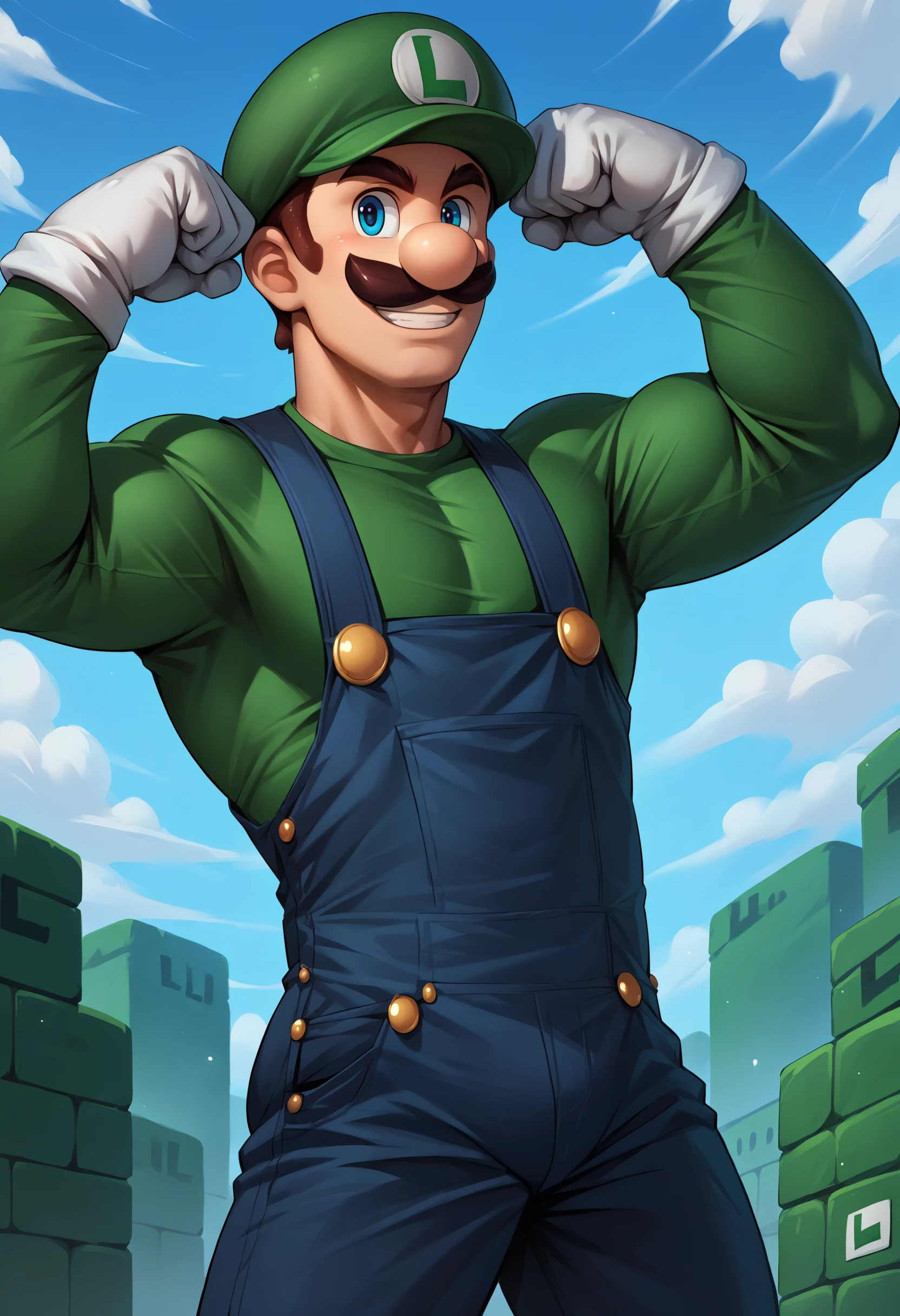 score_9, score_8_up, score_7_up, source_anime, 1boy, solo, male focus, Incrsluigi, luigi, green headwear, cowboy shot, smile, <lora:Luigi_XLPD:1>, blue overalls, white gloves, long sleeves, outdoors, muscular, flexing,