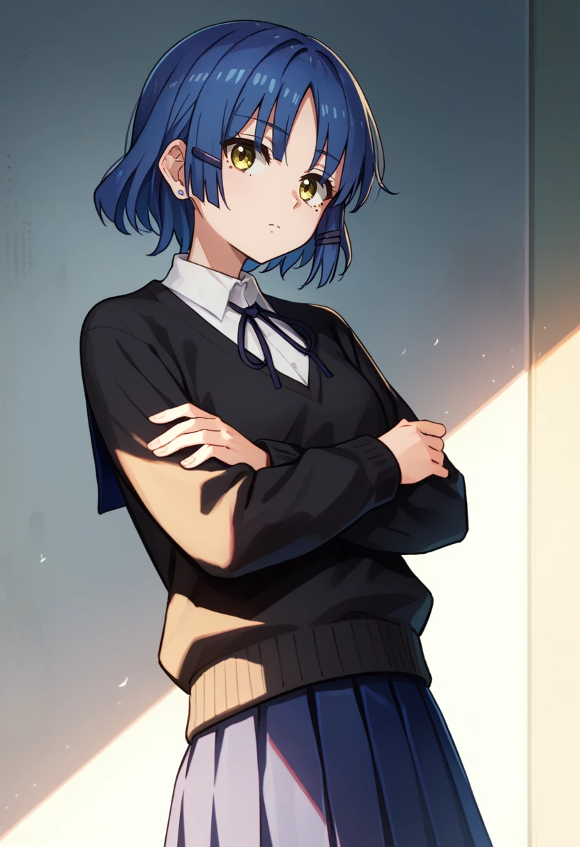 score_9, score_8_up, score_7_up, source_anime, solo, 1girl, yamada ryo, mole under eye, expressionless, looking at viewer, crossed arms, hairclip, shimokitazawa high school uniform, black sweater, long sleeves, white shirt, neck ribbon, blue skirt, pleated skirt <lora:bocchi_yamada_ponyXL:1>