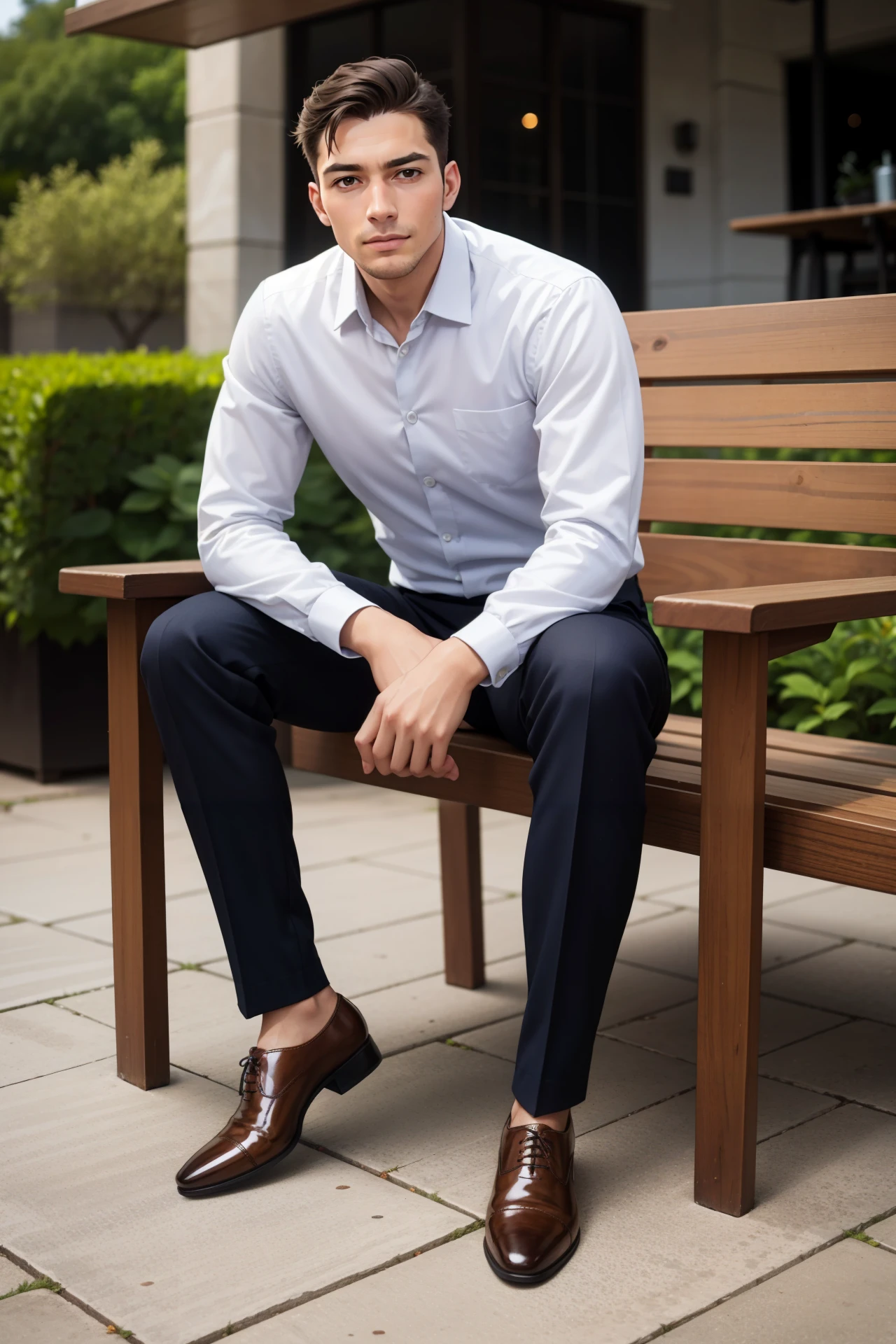 1 male, formal,  white shirt, looking at viewer,   sitting on chair,  brown footwear, oxfords shoes, outdoors,    <lora:oxfords:0.9>