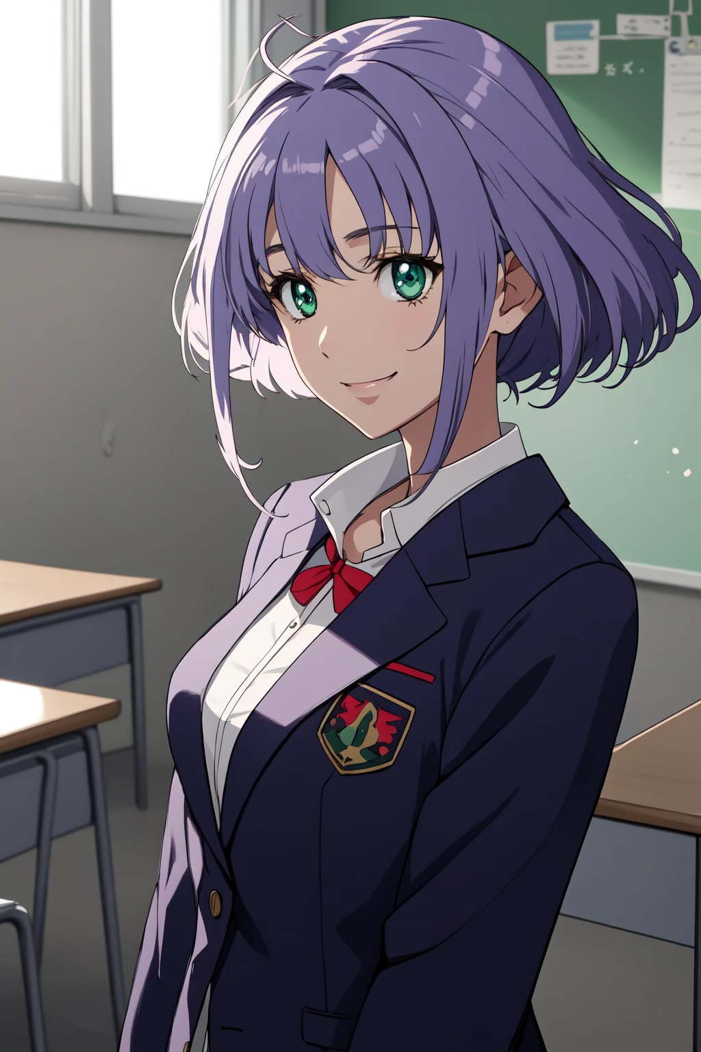 (RAW photo, best quality), 1girl,  natural lighting
 <lora:srw_mitsuko_isurugi_v1_2-000005:1>, srw_mitsuko,  smile, JK, school uniform, blazer, school, classroom,