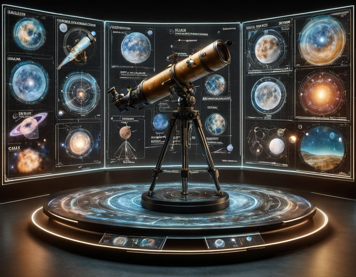a display stand for a telescope with details about galileo and celestial phenomena nebulas and stars and black holes