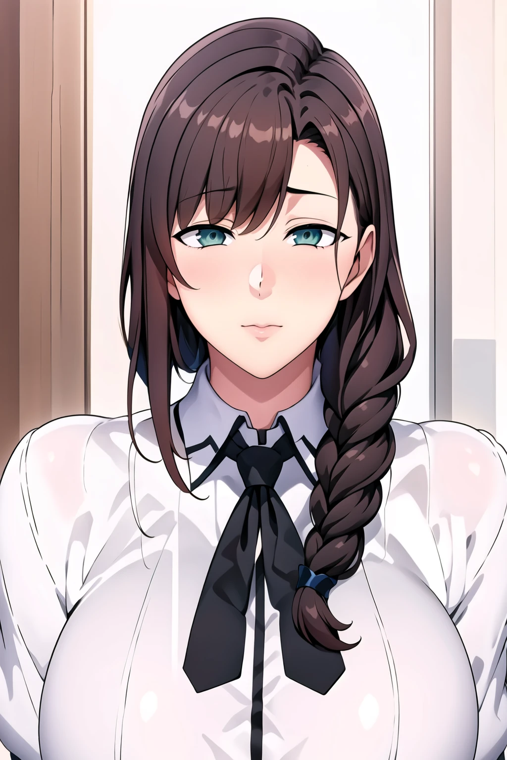 Simple White Background,
dynamic pose,standing at attention,
Black neckwear, neck ribbon,
white shirt,short_sleeves,
Red pleated skirt,school uniform,
<lora:Highschool_DXD_Style-KK77-V1:0.5>,
<lora:Oikawa_Amane_FamilyControl-KK77-4:0.7>,
green_eyes,brown_hair,bangs,hair ornament,single_braid,long hair,
<lora:Oda_Non_Style-KK77-V2:0.3>,<lora:more_details:0.1>,
1 girl, 20yo,Young female,Beautiful long legs,Beautiful body,
Beautiful Nose,Beautiful character design, perfect eyes, perfect face,expressive eyes,perfect balance,
looking at viewer,(Focus on her face),closed mouth, (innocent_big_eyes:1.0),(Light_Smile:0.3),
official art,extremely detailed CG unity 8k wallpaper, perfect lighting,Colorful, Bright_Front_face_Lighting,White skin,
(masterpiece:1.0),(best_quality:1.0), ultra high res,4K,ultra-detailed,
photography, 8K, HDR, highres, absurdres:1.2, Kodak portra 400, film grain, blurry background, bokeh:1.2, lens flare, (vibrant_color:1.2),professional photograph,
(Beautiful,large_Breasts:1.2), (beautiful_face:1.5),(narrow_waist),