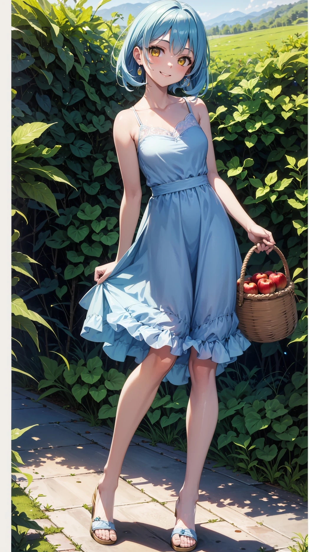 (masterpiece, best quality),ray tracing,absurdres, HDR,1girl,jewelry,, bangs,rimuru tempest,light blue hair, yellow eyes,blue dress, sandals, breats,smile, holding apple, basket, hill, field, village, looking at viewer , ,<lora:sandals_v2:0.8> <lora:rimuru famale_v2:0.8>