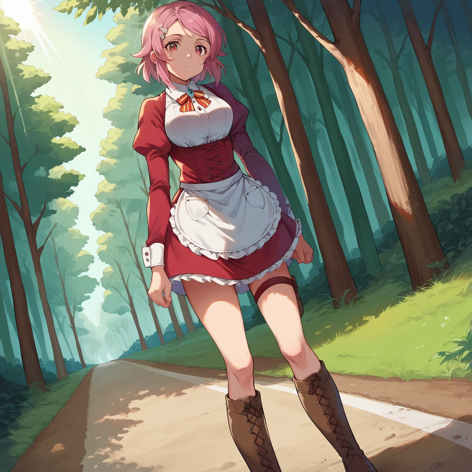 score_9, score_8_up, score_7_up, source_anime,
<lora:Sword Art Online - Lisbeth:1> SAOLisbeth, boots, white apron, long sleeves, red dress, hairclip, freckles, skirt, thigh strap, knee boots, brown footwear,
wiping face, looking at viewer, walking, forest, dirt road, sunlight, cowboy shot, dutch angle,