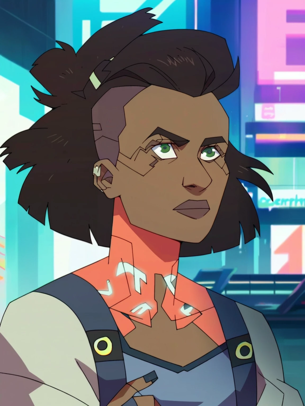 <lora:A_B_text_batch_2:0.9> a_b, 1girl, black skin, dark hair, ((cyberpunk outfit)), night city background, score_9, score_8_up, score_7_up,