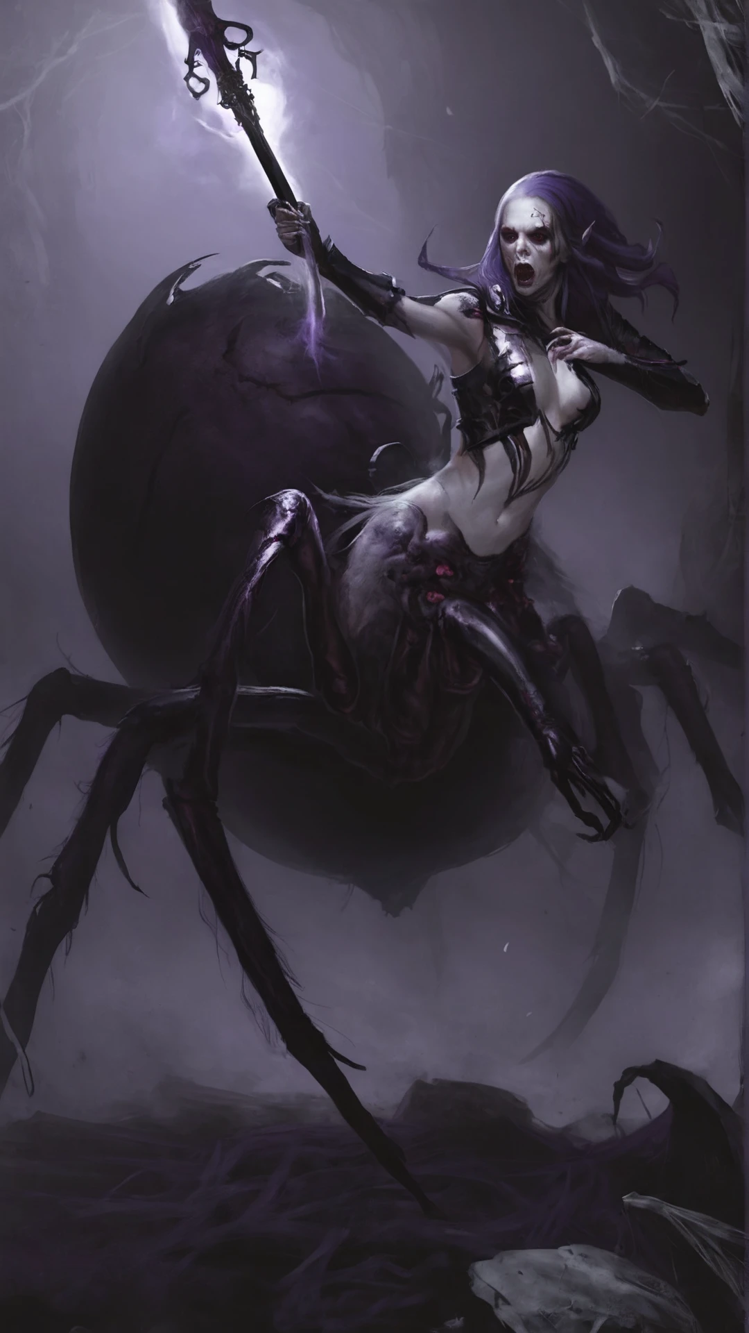 <lora:4r4chn1dXL:0.9> fantasy 4r4chn1d 1girl, (cloth:0.8), solo, warrior, arachnid, angry, evil, character focus, Purple hair, pale skin, long hair,necromancy,spear, combat stance, attacking, fearsome, scary horror \(theme\), (in __LocationWildcards/locations_fantasy__:0.5), desktop wallpaper, official_wallpaper, desaturated, atmospheric, concept art