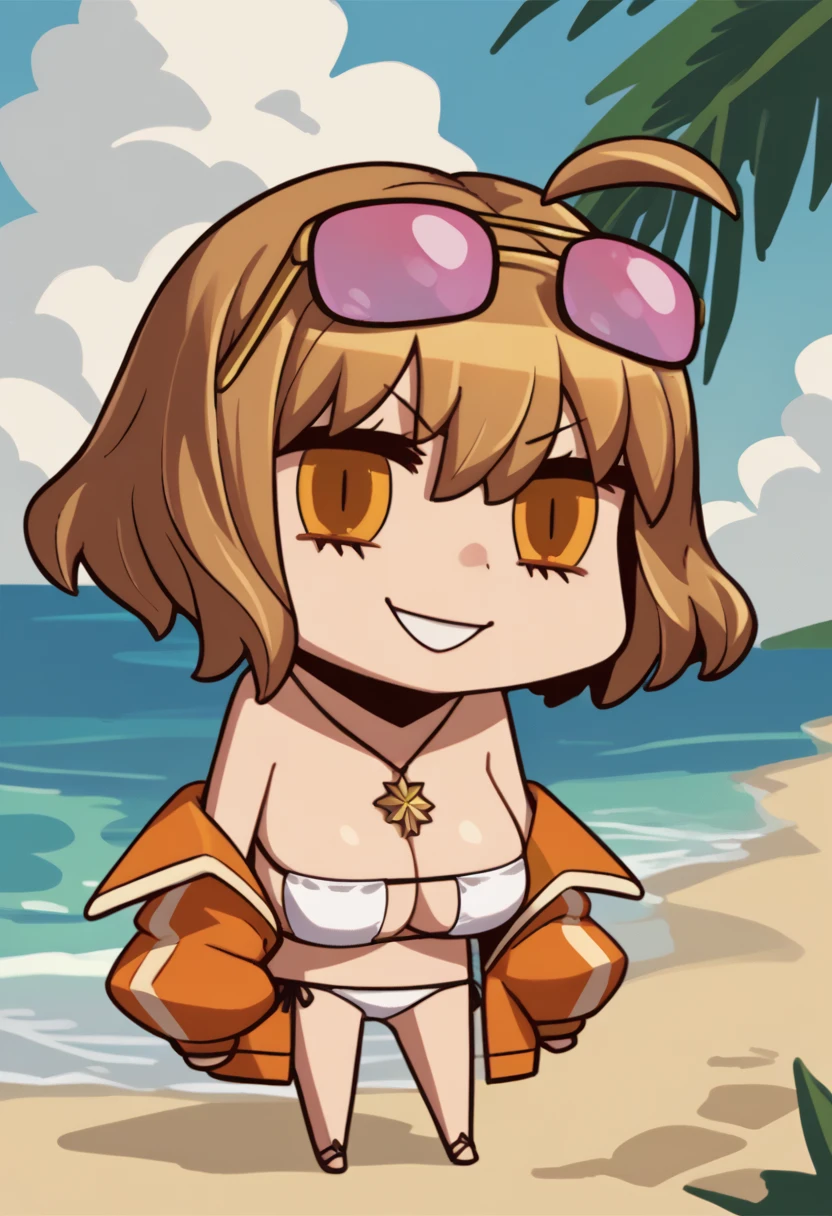 score_9, score_8_up, score_7_up, chibi, april fools, solo, 1girl, anisswim, smile, ahoge, short hair, brown hair, eyewear on head, necklace, eyepatch bikini, side-tie bikini bottom, orange jacket, off shoulder, beach <lora:style_fgoaprilfools_ponyXL:1.1> <lora:anis-nikke-richy-v1_pdxl:0.9>