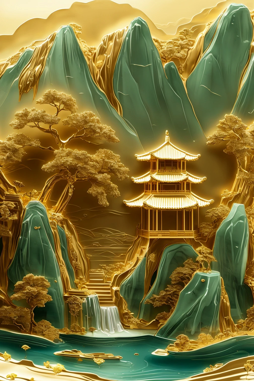 Gold relief, Masterpiece, HD, 16k, Architecture, landscape, tower, water(flowers:1.3),<lora:Blues:0.6>,