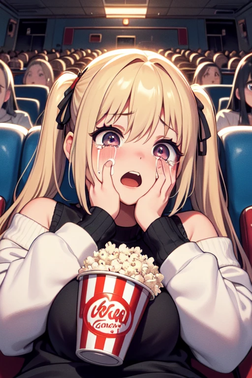 (((masterpiece))), (((best quality))), (((scream movie))),  (((huge ghostface))), (((crowd))), (((big screen))), (((side face))), ((hand on own face)), ((2girls snuggle up)), ((cinema seating)), ((scared)), ((crying with eyes open)), ((off-the-shoulder sweater)), cocacola, disposable cup, popcorn, stairs, night, open mouth, 1girl, big tits, blonde twintails, ribbon, sweat, shy, blush, slim figure, <lora:girllikescreammovie:0.8>