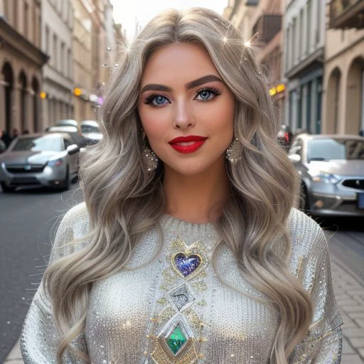 (((full-length image))) of a Woman with long, wavy silver blonde hair and a heavy makeup look, including fake lashes, winged eyeliner, and filled in brows, wearing an extremely fluffy cropped sweater, smiling and looking at the camera, showing well-arranged white teeth, vibrant red lipstick on lips, green eyes, with a background of a busy street with cars and buildings
realistic, detailed facial features, highly detailed face, necklace,((universe, mothership, yellow sparkles, hearts, glare, passionate kiss,(high quality:1.3),(best quality:1.3), (masterpiece:1.3), subtle sparkles, whimsical vibes, (detailed:1.05), (extremely detailed:1.06),sharp focus,(intricate:1.03), (extremely intricate:1.04), high contrast, soft cinematic light, soothing tones, hdr, (perfect eyes:1.1),