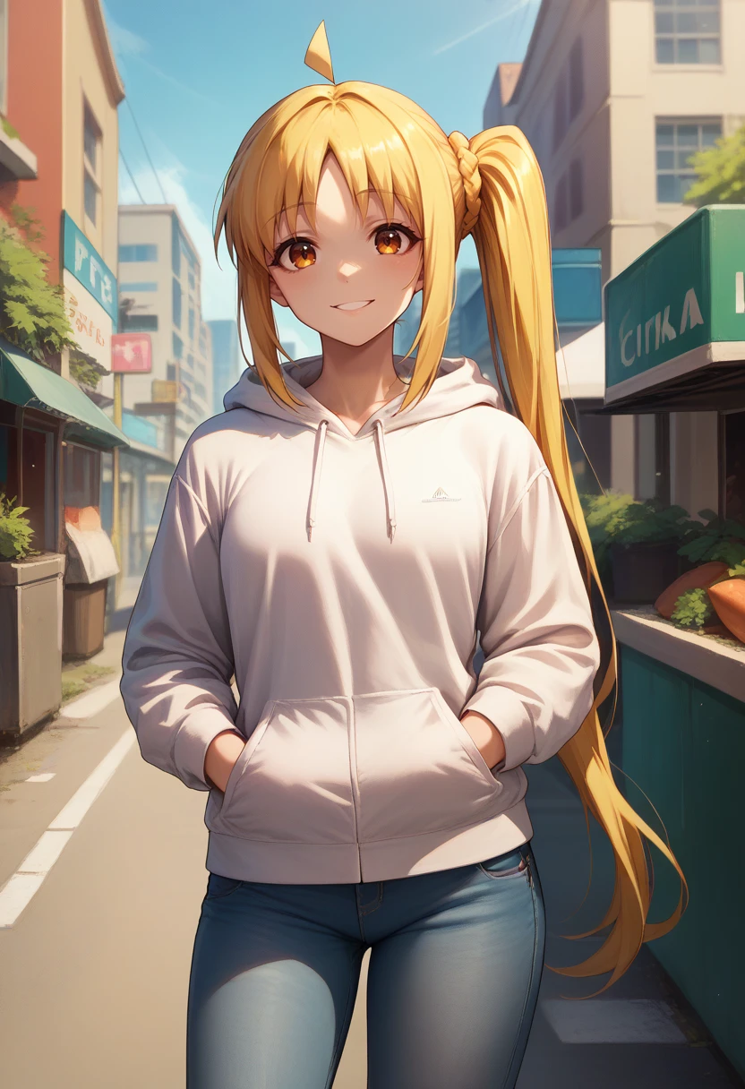 score_9, score_8_up, score_7_up, solo, 1girl, ijichi nijika, smile, looking at viewer, hand in pocket, ahoge, side ponytail, white hoodie, jeans, outdoors, city street <lora:bocchi_nijikaijichi_ponyXL:1>