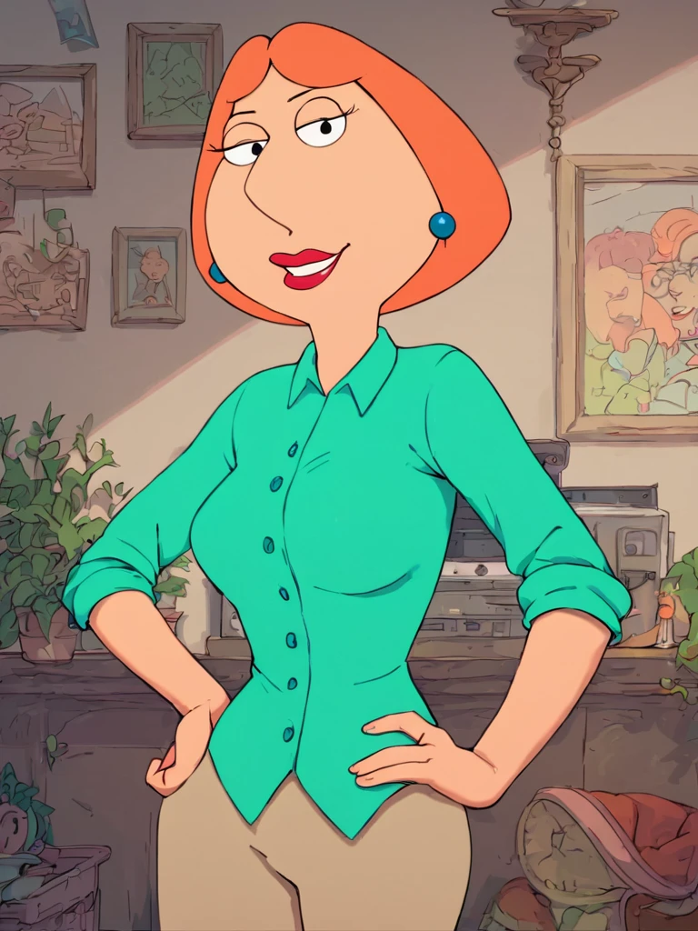 ,score_9, score_8_up, score_7_up,lois, 1girl, blue earrings, jewelry, short hair, solo, lipstick, makeup, orange hair, aqua shirt, beige pants, breasts, flat color, smile,looking at viewer, hand on own hip, <lora:Loispony1.0:1>
