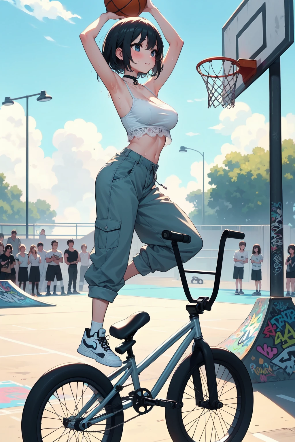 (((masterpiece))), (((best quality))), (((dancing on bmxbike))), (((slamdunk on basketball hoop))), (((holding a basketball))), ((raise arms)), ((crowd)), ((fluttering hair)), ((sneakers on bike)), lace tube top, low rise pants, choker, graffiti, underpass skatepark, outdoor basketball court, lamppost, (((colorful cloudy sky))), solo, 1girl, light smile, black hair, short hair, collarbone, cleavage, (((big tits))), shy, blush, (((sweat))), <lora:girllikebasketballbmxbike:0.9>