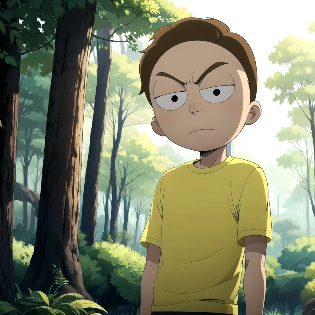 1boy, solo, EMorty, brown hair, short hair, black eyes, yellow shirt, <lora:Evil_Morty_RickMorty_Leaf3:0.6> , cowboy shot, looking at viewer , forest, expressionless,