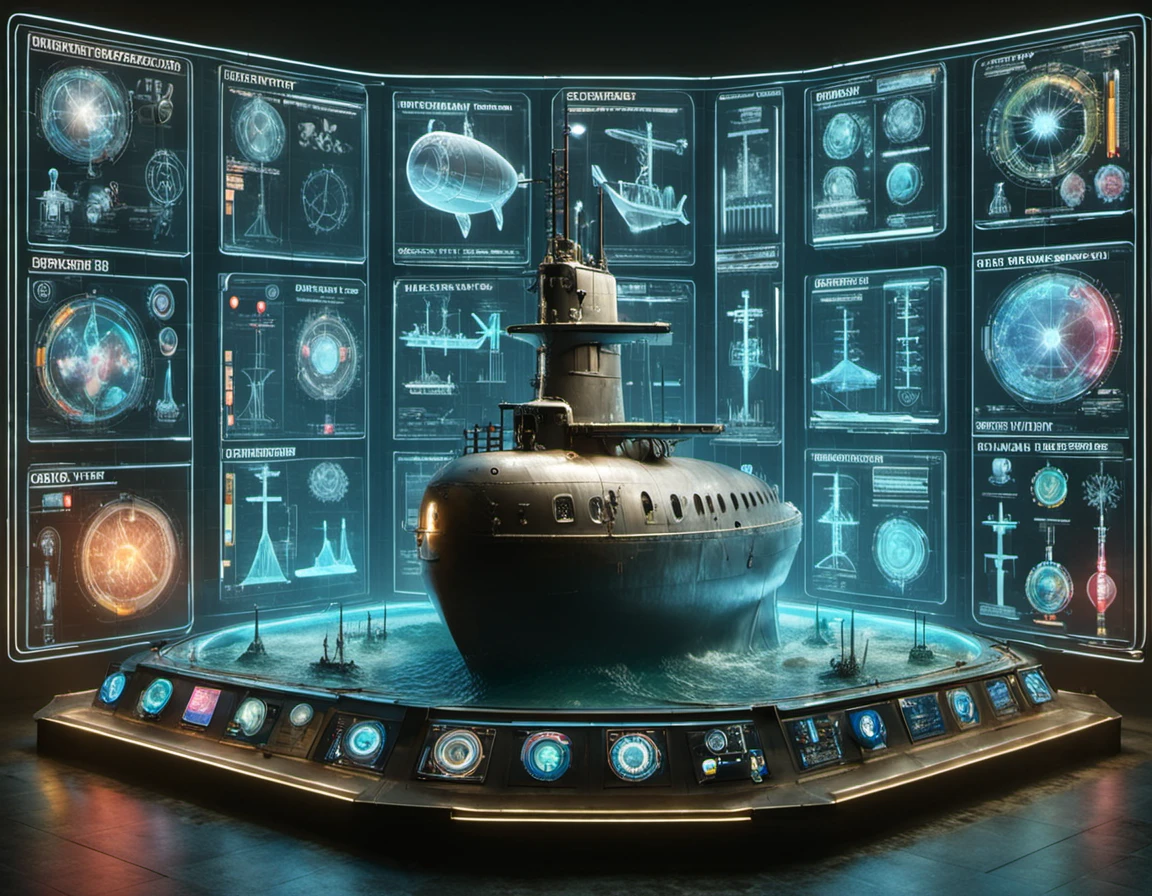 a display stand for a submarine in the ocean with details about ocean life and sub engineering