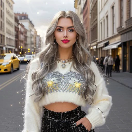 (((full-length image))) of a Woman with long, wavy silver blonde hair and a heavy makeup look, including fake lashes, winged eyeliner, and filled in brows, wearing an extremely fluffy cropped sweater, smiling and looking at the camera, showing well-arranged white teeth, vibrant red lipstick on lips, green eyes, with a background of a busy street with cars and buildings
realistic, detailed facial features, highly detailed face, necklace,((universe, mothership, yellow sparkles, hearts, glare, passionate kiss,(high quality:1.3),(best quality:1.3), (masterpiece:1.3), subtle sparkles, whimsical vibes, (detailed:1.05), (extremely detailed:1.06),sharp focus,(intricate:1.03), (extremely intricate:1.04), high contrast, soft cinematic light, soothing tones, hdr, (perfect eyes:1.1),