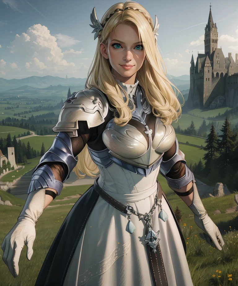 maria,green eyes,blonde hair,
white dress,armor,gauntlets,or gloves,long skirt,belt,
standing,upper body,
light smile,
plains,castle,outdoors,
(insanely detailed, masterpiece, best quality),solo,<lora:ValkyrieMaria:0.8>,
