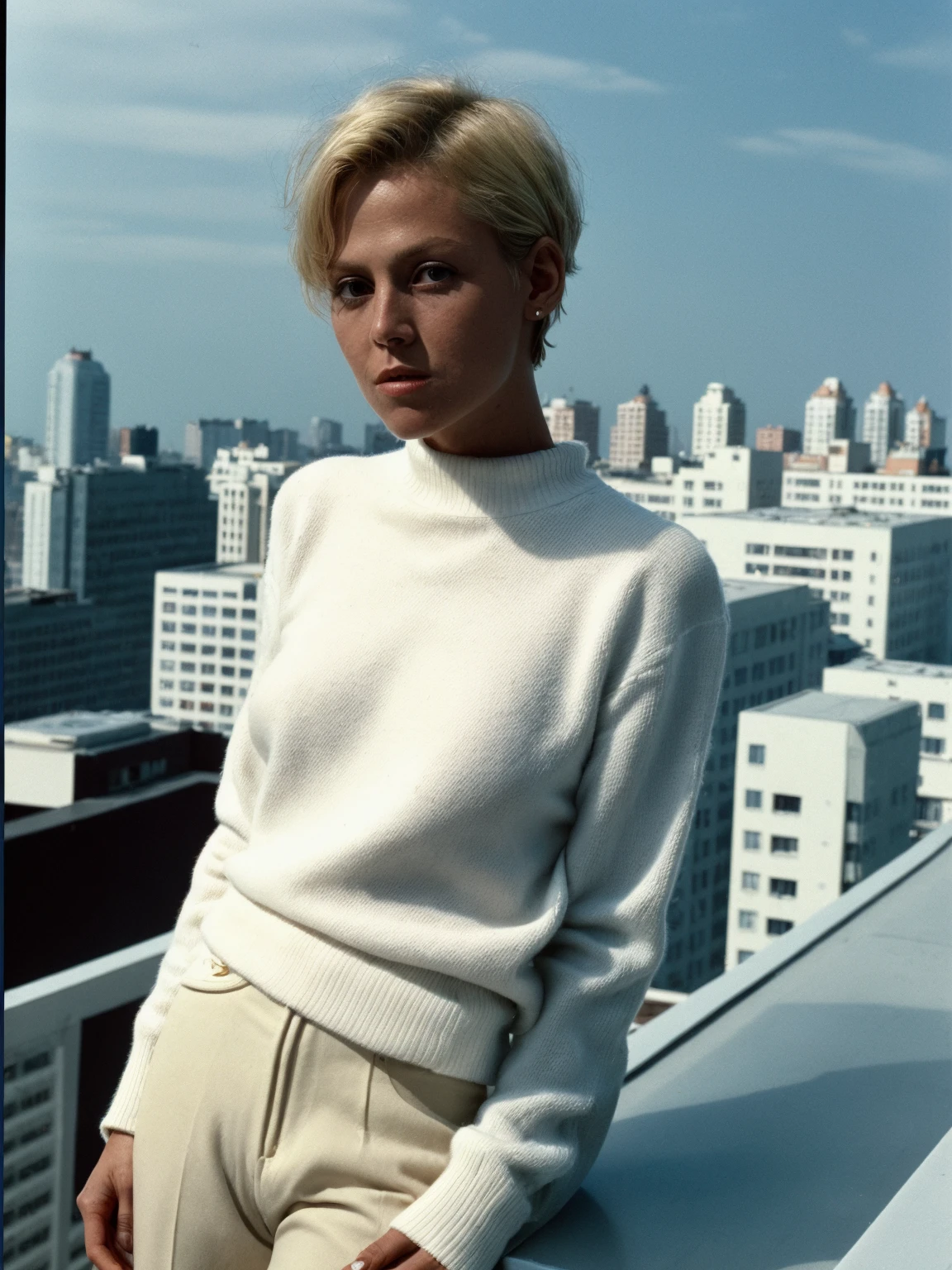 sgwver wearing a [[white]] sweater, short blonde hair, in a rooftop penthouse at noon, <lora:SgWver_EQ:1>
