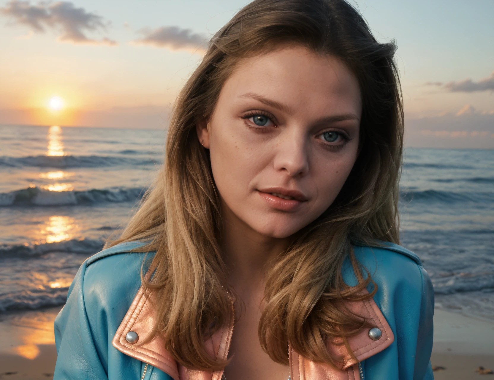 [closeup of] mhpfir wearing a [bright blue] leather jacket, in a beach at sunrise, <lora:MhPifr_EQ:1.1>