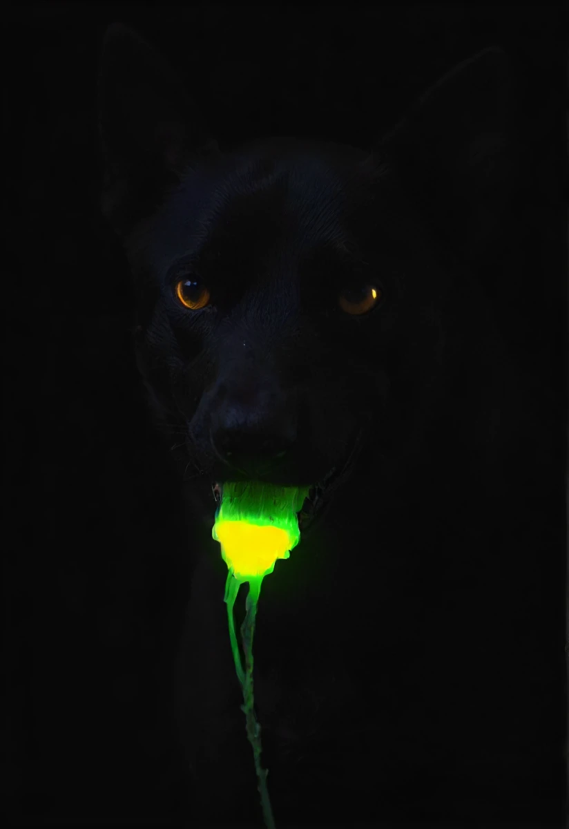 a dark dog veiled in shadows is chewing a broken yellow glowing neon glow-stick, leaking glowing fluid substance, neon colored glowing, drool, messy, dark background. <lora:- SDXL - vant_blk_contrast_V2.0:0.8>