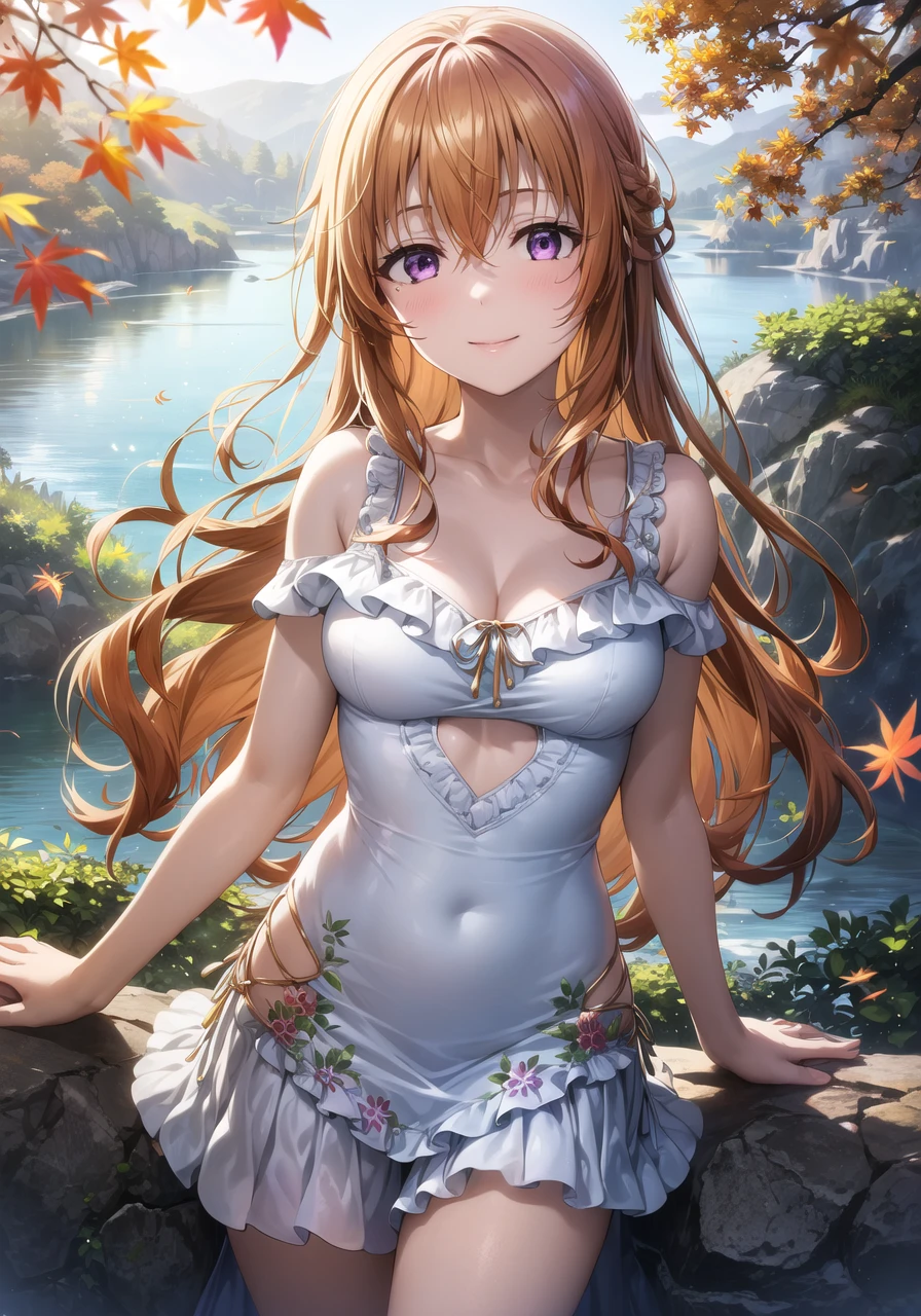 (masterpiece, best quality, ultra-detailed), (illustration), (beautiful detailed eyes), 1girl, solo, <lora:kanata_loraV1.1:0.65> konoe kanata, long hair, (orange hair, brown hair:1.2), purple eyes, bangs, medium breasts
dress, collarbone, groin, cleavage, thighs, bare shoulders, frills, frilled dress, floral print
light smile, cowboy shot, tareme
(outdoors, lake, forest, blue sky, greenery, rocks, trees, leaves, autumn leaves:1.1), depth of field,  <lora:add_detail:0.4> <lora:GoodHands-vanilla:1> <lora:tareme:0.4>, <lora:apstyle2:0.55> apstyle3 apstyle, ah1