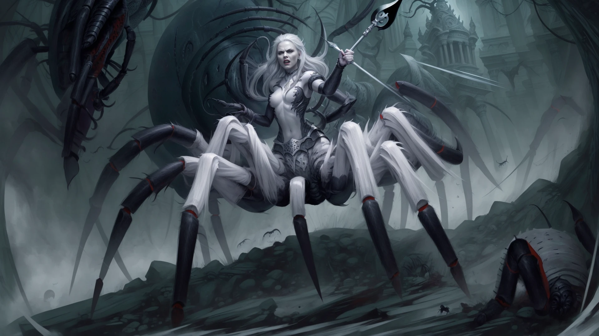 <lora:4r4chn1d:0.9> fantasy 4r4chn1d 1girl solo, warrior, arachnid, angry, evil, character focus, Gray hair, white skin, swirling spells,necromancy,spear, combat stance, attacking, fearsome, scary horror \(theme\),  (in  dragonspire summit, lofty heights, dragon roosts, majestic vantage point:0.5), desktop wallpaper, official_wallpaper, desaturated, atmospheric, concept art, (Masterpiece:1.3) (best quality:1.2) (high quality:1.1)