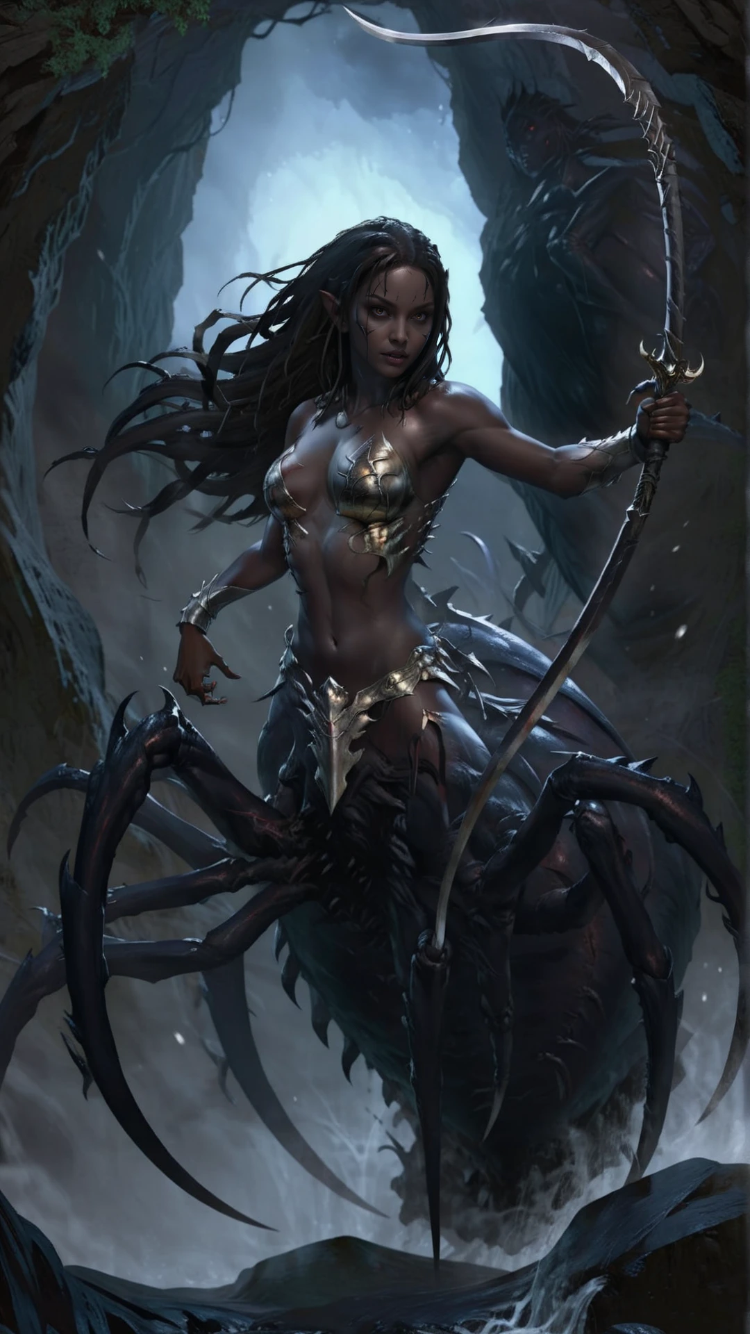 <lora:4r4chn1dXL:0.9> fantasy 4r4chn1d 1girl solo, warrior, arachnid, angry, evil, character focus, Black hair, black skin, swirling spells,long hair,spear, combat stance, attacking, fearsome, scary horror \(theme\),  (in  whispering falls, cascading water, enchanting echoes, hidden grottoes:0.5), desktop wallpaper, official_wallpaper, desaturated, atmospheric, concept art, (Masterpiece:1.3) (best quality:1.2) (high quality:1.1)