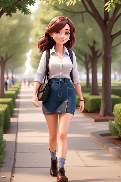 real, (realistic), super detailed, (4k), 8k, 21 year old woman walking in a city park, smiling