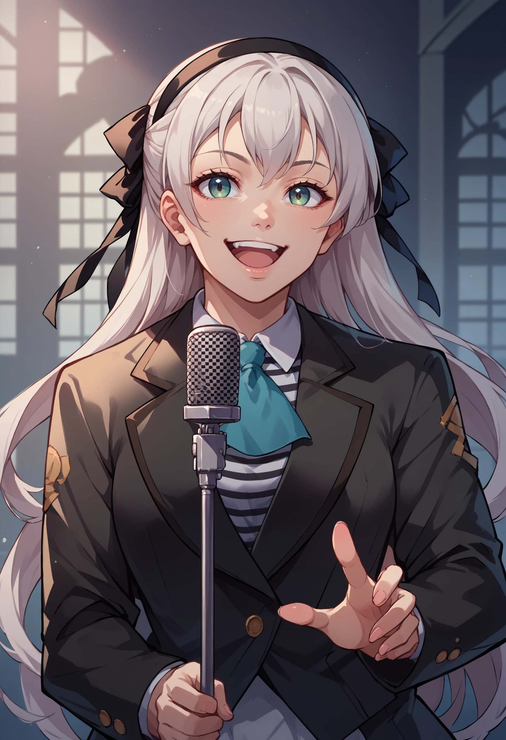 score_9, score_8_up, score_7_up, source_anime, 1girl, IncrsNeverGonnaGiveUUp, smile, looking at viewer, microphone stand, upper body, black jacket, striped shirt, open mouth, suit, open jacket, <lora:NeverGonnaGiveYouUp_XLPD:1>, <lora:elie-pdxl-nvwls-v1:0.8> zeroElie, black hairband, hair ribbon, long hair, ascot,