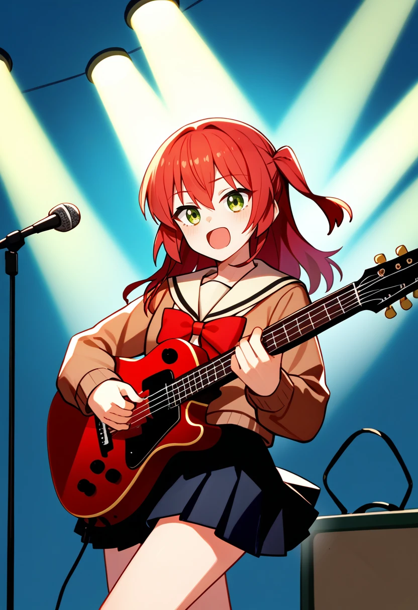 score_9, score_8_up, score_7_up, source_anime, solo, 1girl, kita ikuyo, singing, playing instrument, playing guitar, holding guitar, one side up, shuka high school uniform, serafuku, brown cardigan, white sailor collar, red bow, long sleeves, black skirt, pleated skirt, spotlight <lora:bocchi_kita_ponyXL:1>