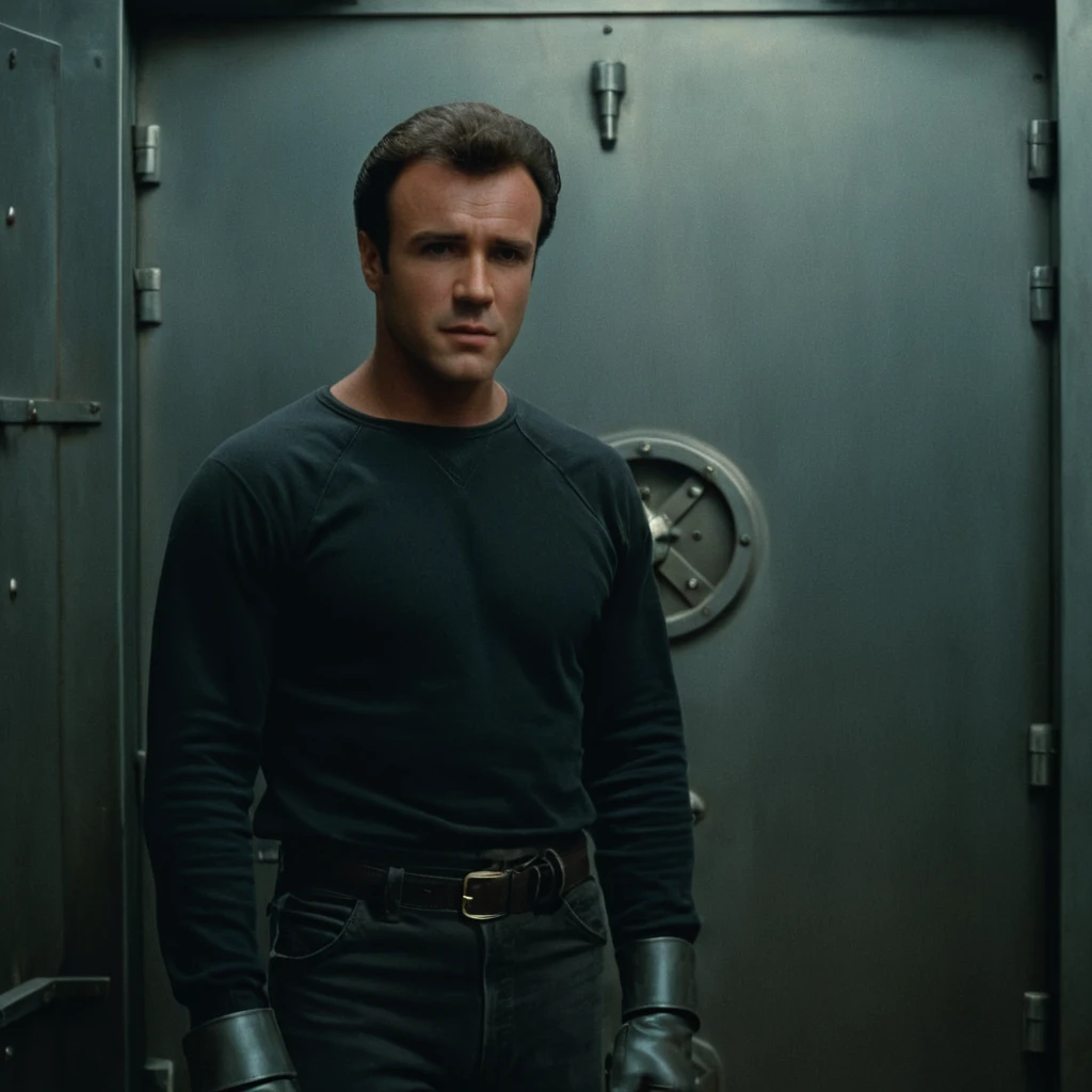 cinematic film still of <lora:1980's style:1>
In the 1980's James Caan a man is standing in front of a metal vault door,solo,looking at viewer,short hair,shirt,black hair,gloves,long sleeves,1boy,closed mouth,male focus,black gloves,pants , realistic,realism, detailed, perfection,perfect,filmic,retro,vintage,classic,different haircut,different look,different style,different people, 1980's style , 1980 style, shallow depth of field, vignette, highly detailed, high budget, bokeh, cinemascope, moody, epic, gorgeous, film grain, grainy