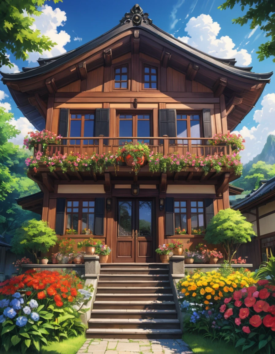 anime artwork beautiful two story house made of wood with wide big windows, a black wooden door, beautiful flower garden, best quality, extemely detailed . anime style, key visual, vibrant, studio anime, highly detailed