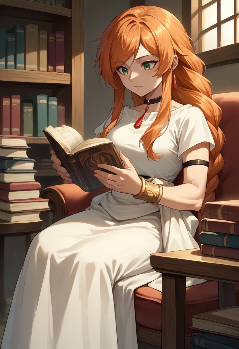 score_9, score_8_up, source_anime, 1girl, solo, FlammeFrieren, orange hair, green eyes, long hair, braided ponytail, earrings, choker, armlet, bracelet, white dress, white sash, short sleeves, sandals, sitting, indoors, reading book, <lora:ChamFlammePonyXL:1>