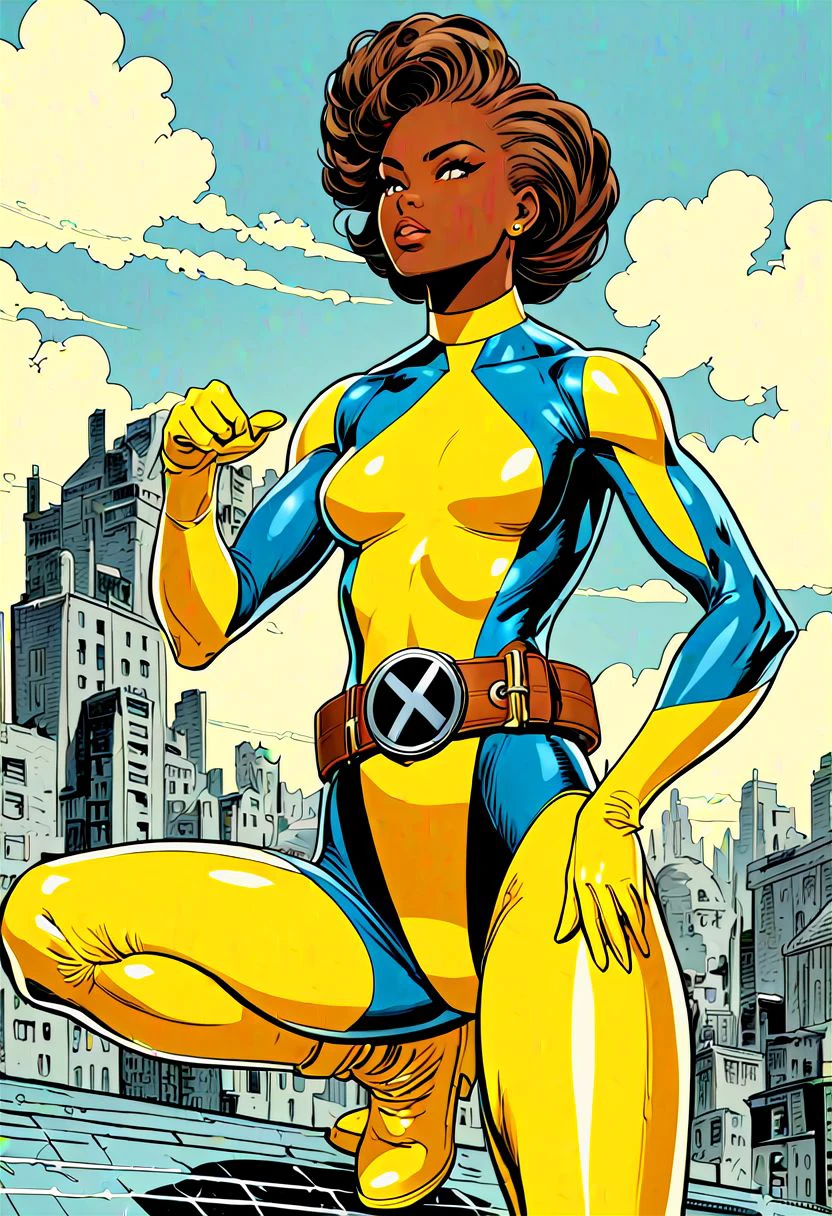 xmblzxl,  1girl, solo, dark skin, boots, dark-skinned female, yellow footwear, gloves, boots, bodysuit, belt, two tone bodysuit, yellow bodysuit, blue bodysuit, outdoors, fashion pose, comic book art, retro art style, masterpiece, best quality, very aesthetic, absurdres