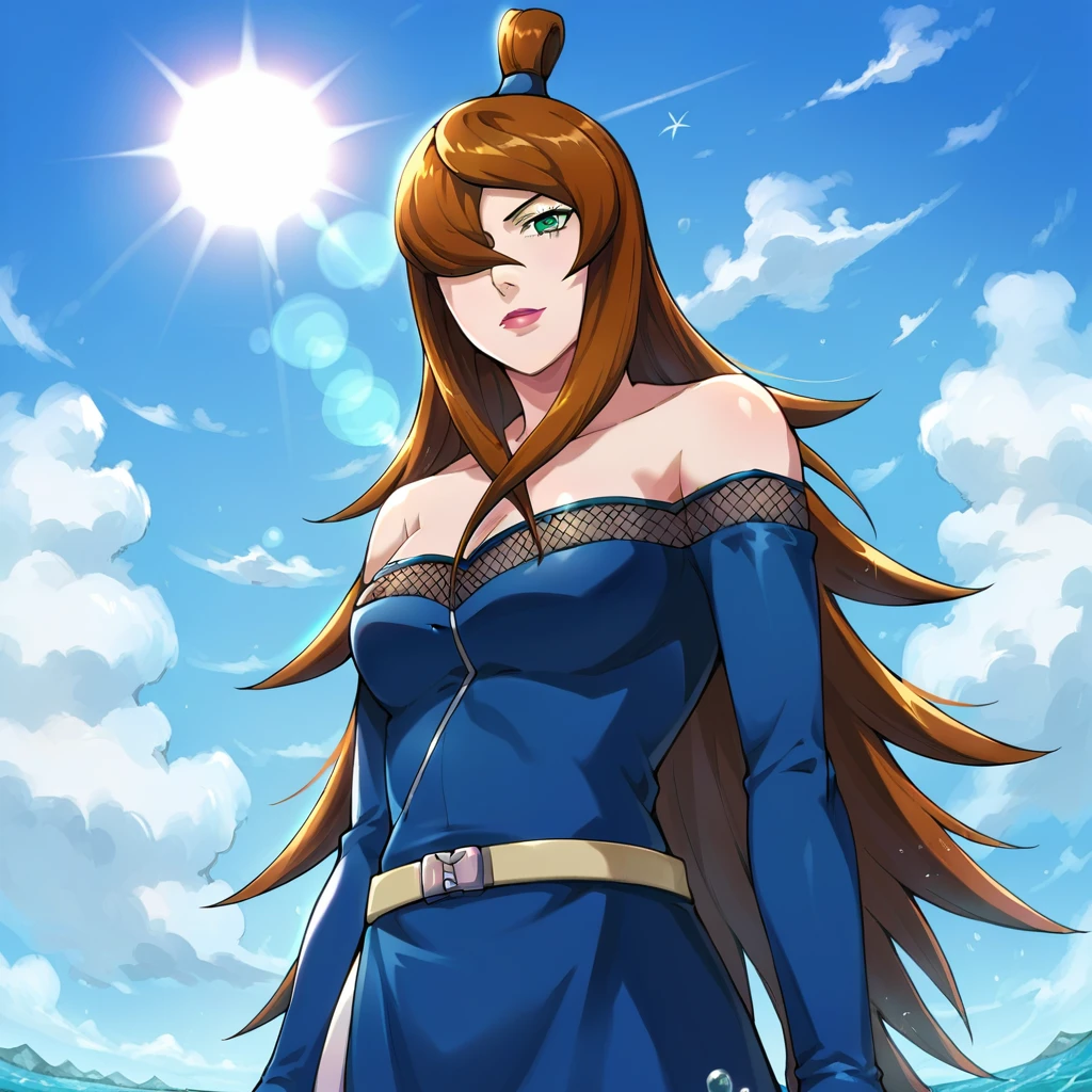 score_9,score_8,score_7,score_6,score_5,score_4,source_anime,Mei Terumi,brown hair,long hair,hair over one eye,green eyes,lipstick,blue dress,bare shoulders,belt,(american shot:1.2),blue sky,clouds,sun rays<lora:EMS-71523-EMS:0.800000>, <lora:EMS-336845-EMS:0.800000>