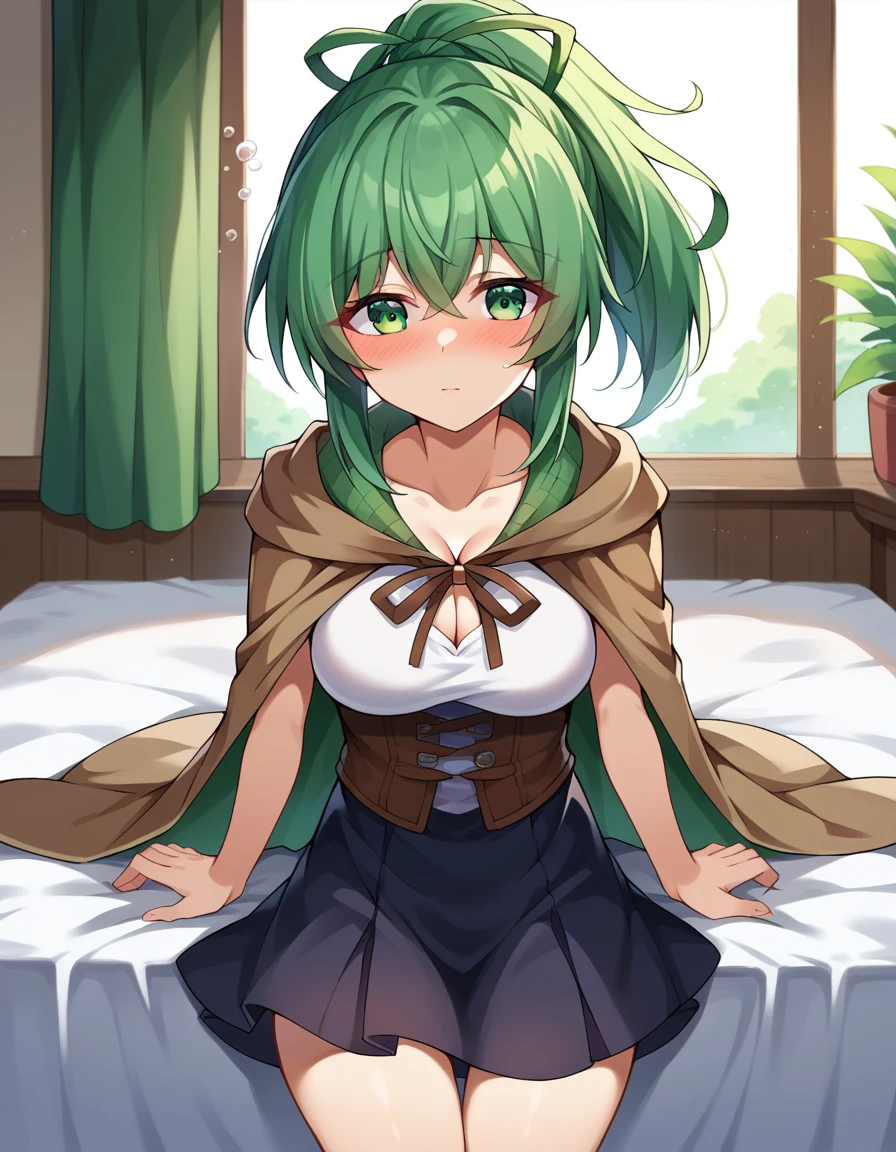 score_9, score_8_up, score_7_up, source_anime,
wynnthewindcharmer, <lora:wynn-the-wind-charmer-ponyxl-lora-nochekaiser:1>,
wynn the wind charmer, eyes visible through hair, green eyes, green hair, ponytail, ribbon, hair ribbon,
black skirt, brown cape, cape, cleavage, shirt, skirt, white shirt,
indoors, bed, bed room, on side, blush, drunk,
looking at viewer, cowboy shot, dutch angle,