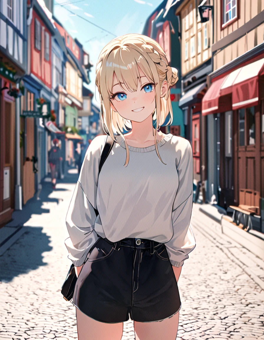 cute 1girl, pale-blonde hair, blue eyes,smile, (french braid), fashionable, street outfit, arms behind back, head tilt, looking at viewer, teenage, blue sky, lens flare, chromatic aberration, cowboy shot, open mouth smile, standing in a Scandinavian Towns,(depth of field:1.1), straight-on, masterpiece, best quality,