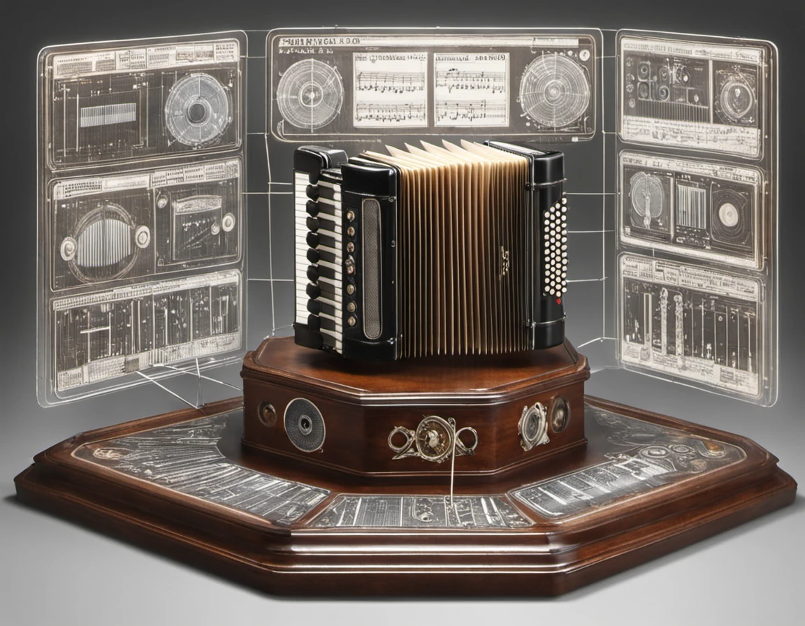 a display stand for an accordian with details of its internal construction and music theory