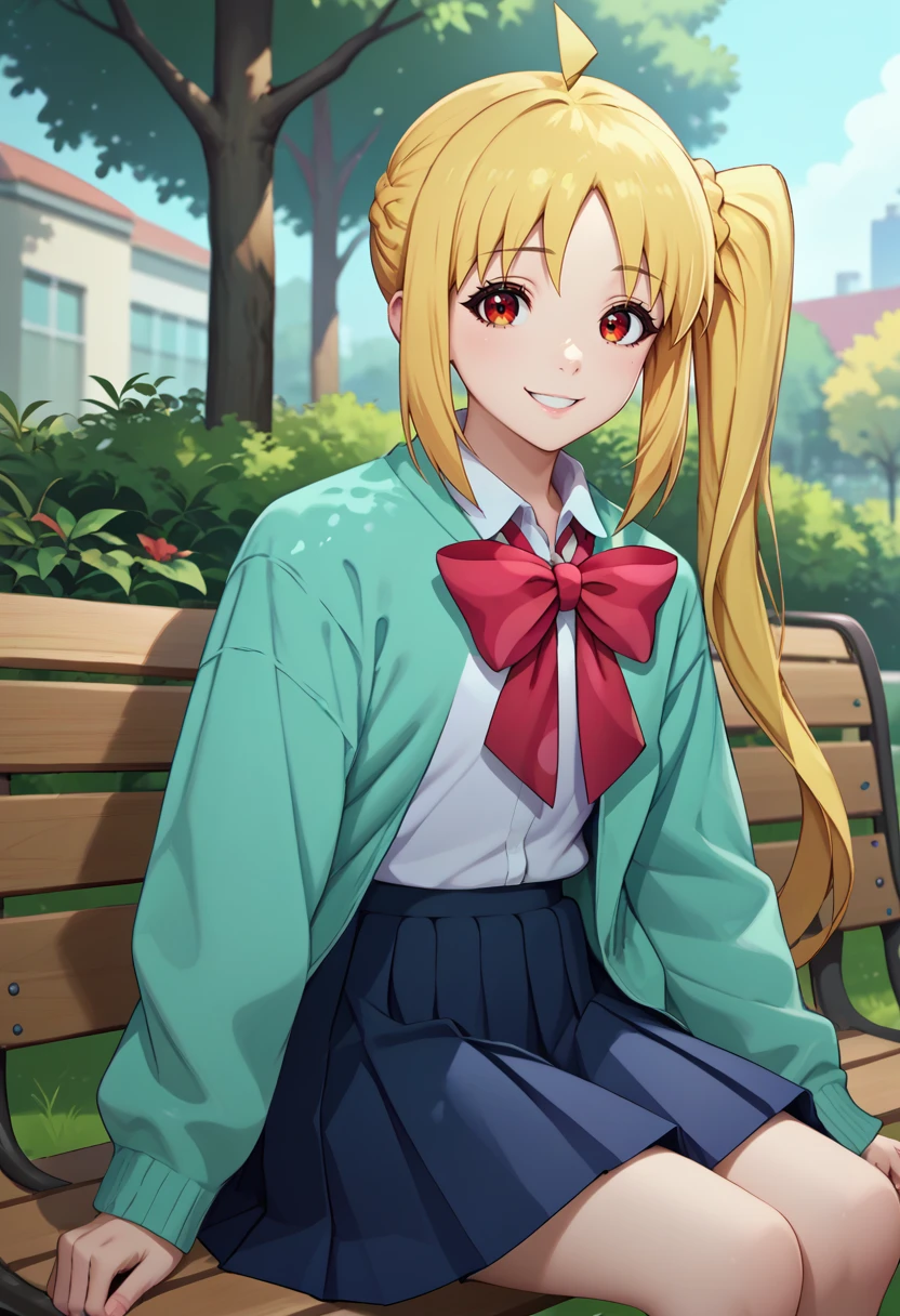 score_9, score_8_up, score_7_up, source_anime, solo, 1girl, ijichi nijika, smile, looking at viewer, sitting, park bench, ahoge, side ponytail, shimokitazawa high school uniform, green jacket, long sleeves, white shirt, red bow, blue skirt, pleated skirt, outdoors <lora:bocchi_nijikaijichi_ponyXL:1>