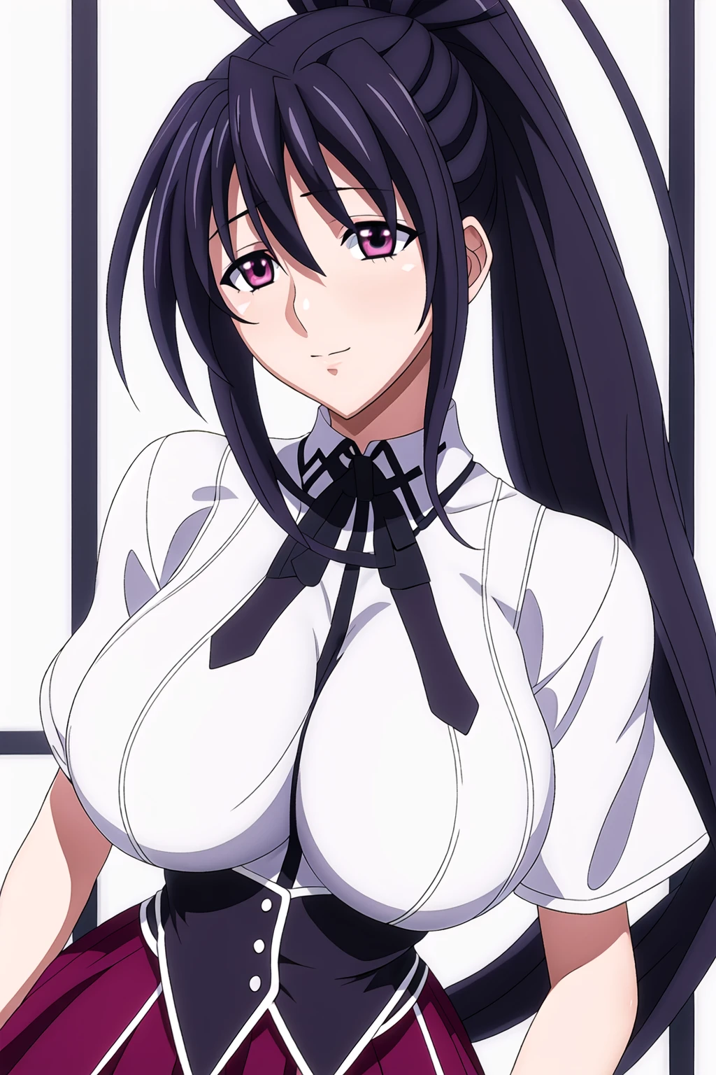 Simple White Background,
dynamic pose,standing at attention,
Black neckwear,white shirt,short_sleeves,
Red pleated skirt,school uniform,
<lora:Highschool_DXD_Style-KK77-V1:0.5>,
<lora:Akeno_Himejima_DXD-KK77-V3:0.7>,
purple_eyes,Purple_hair,Long_hair,Bangs,ponytail,hair ornament,
<lora:Oda_Non_Style-KK77-V2:0.3>,<lora:more_details:0.1>,
1 girl, 20yo,Young female,Beautiful long legs,Beautiful body,
Beautiful Nose,Beautiful character design, perfect eyes, perfect face,expressive eyes,perfect balance,
looking at viewer,(Focus on her face),closed mouth, (innocent_big_eyes:1.0),(Light_Smile:0.3),
official art,extremely detailed CG unity 8k wallpaper, perfect lighting,Colorful, Bright_Front_face_Lighting,White skin,
(masterpiece:1.0),(best_quality:1.0), ultra high res,4K,ultra-detailed,
photography, 8K, HDR, highres, absurdres:1.2, Kodak portra 400, film grain, blurry background, bokeh:1.2, lens flare, (vibrant_color:1.2),professional photograph,
(Beautiful,large_Breasts:1.4), (beautiful_face:1.5),(narrow_waist),