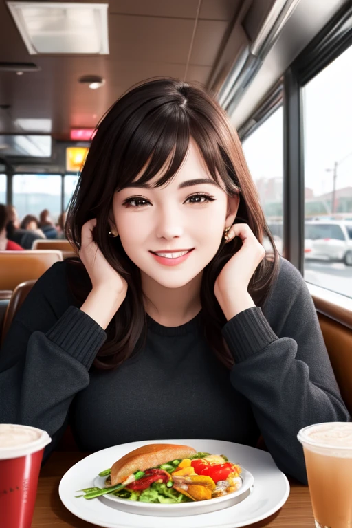 real, (realistic), super detailed, (4k), 8k, 21 year old woman eats lunch at a diner, smiling