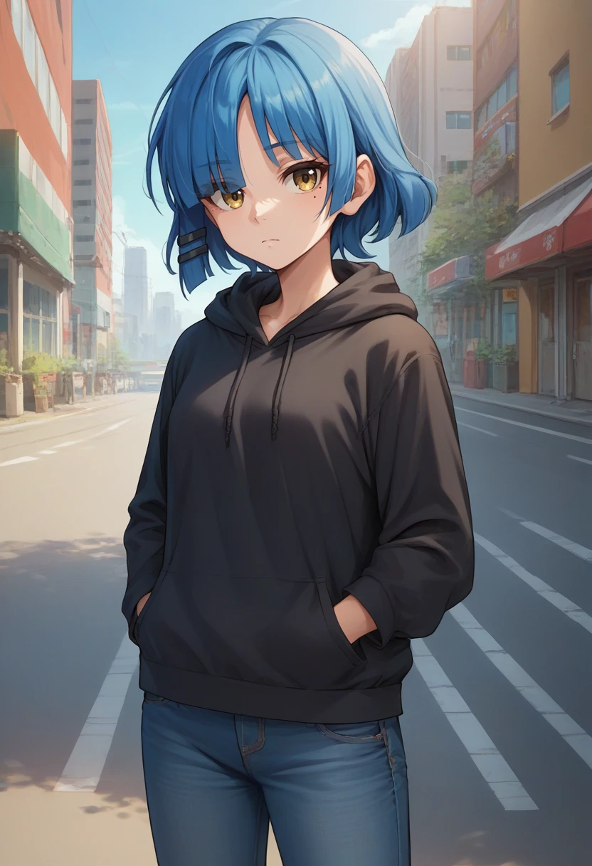 score_9, score_8_up, score_7_up, source_anime, solo, 1girl, yamada ryo, mole under eye, expressionless, looking at viewer, hand in pocket, blue hair, hairclip, black hoodie, jeans, outdoors, city street <lora:bocchi_yamada_ponyXL:1>