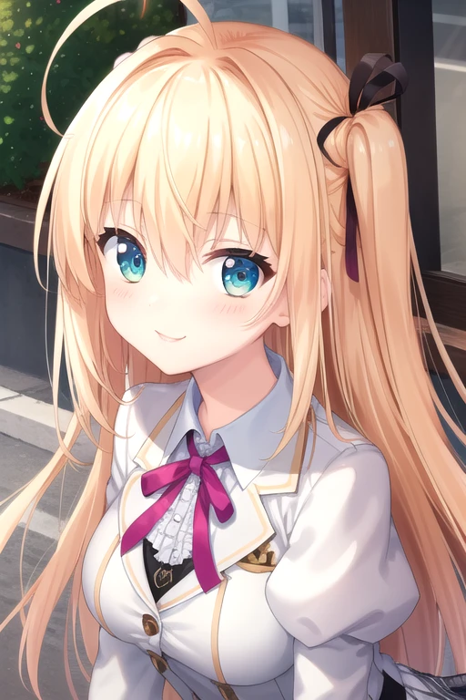 ((masterpiece)),(best quality),official art,extremely detailed CG,unity 8k wallpaper,ultra detailed,beautiful detailed eyes,extremely detailed face,outdoors,1girl,solo,upper body,(portrait:1.5),looking at viewer,facing viewer,smile,(petite:1.1),Sakurakouji Tsukuyomi,ahoge,very long hair,blonde hair,one side up,hair intakes,purple hair ribbon,floating hair,hair between eyes,bangs,aqua eyes,school uniform,(white jacket),suit jacket,wing collar,pink neck ribbon,white shirt,collared shirt,center frills,large breasts,underbust,juliet sleeves,puffy sleeves,long sleeves,shirt tucked in,black skirt,pleated skirt,plaid skirt,frilled skirt,black pantyhose,argyle legwear,boots,<lora:Sakurakouji Tsukuyomi(ac):0.9>,