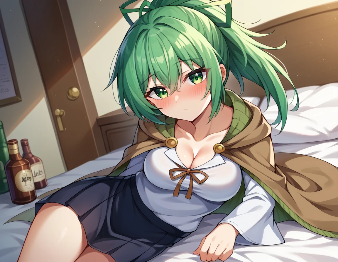 score_9, score_8_up, score_7_up, source_anime,
wynnthewindcharmer, <lora:wynn-the-wind-charmer-ponyxl-lora-nochekaiser:1>,
wynn the wind charmer, eyes visible through hair, green eyes, green hair, ponytail, ribbon, hair ribbon,
black skirt, brown cape, cape, cleavage, shirt, skirt, white shirt,
indoors, bed, bed room, on side, blush, drunk,
looking at viewer, cowboy shot, dutch angle,