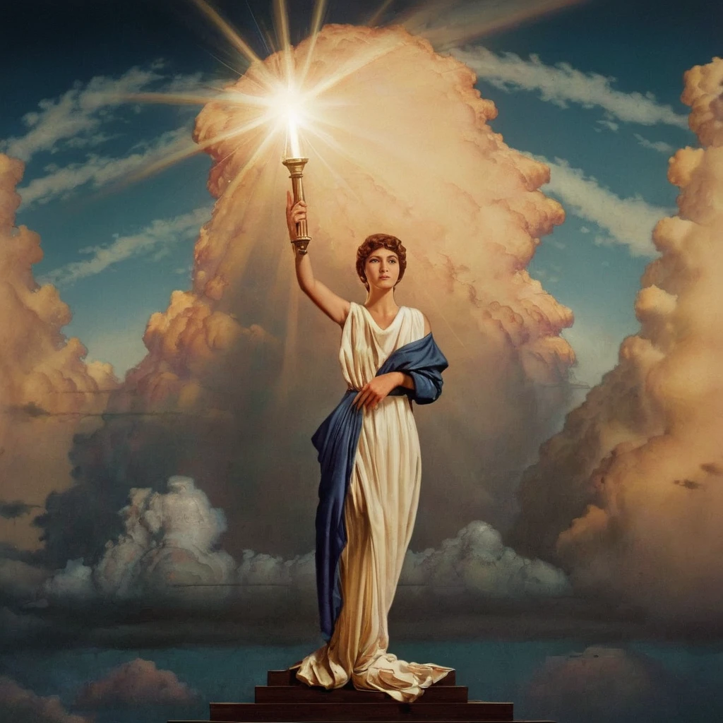 cinematic film still of  <lora:Columbia picture model:1>
Jenny Joseph columbia picture model a full shot painting of a woman holding up a torch with bright light emitting from torch in sky,1girl,solo,looking at viewer,brown hair,dress,holding,brown eyes,standing,full body,sky,cloud,arm up,sunlight,cloudy sky,realistic,sun,fine art parody , realistic, sharp, ray light in sky, detailed, classic, model, modeling, photography, artistic, Columbia picture style, shallow depth of field, vignette, highly detailed, high budget, bokeh, cinemascope, moody, epic, gorgeous, film grain, grainy