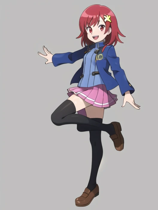 <lora:asatsukifgfff-08:0.8> 1girl, solo, looking at viewer, smile, short hair, open mouth, bangs, skirt, simple background, shirt, hair ornament, red eyes, thighhighs, long sleeves, white background, standing, jacket, full body, :d, red hair, pleated skirt, shoes, teeth, tongue, black thighhighs, vest, upper teeth only, brown footwear, leg up, standing on one leg, blue jacket, pink skirt