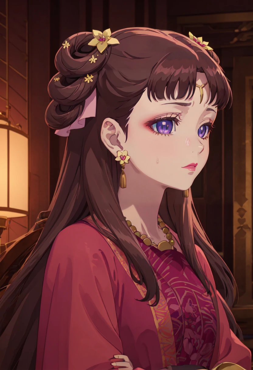 best quality, masterpiece, highres, solo, (lishu_theapothecarydiaries:1.10), 1girl, necklace, flower, makeup, double bun, anime_style, 2 <lora:lishu_theapothecarydiaries:0.80>