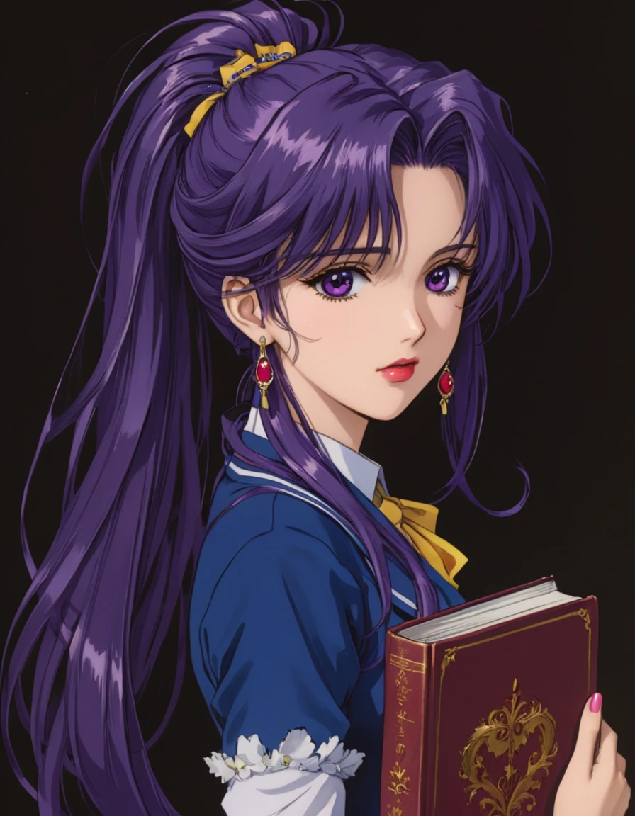 anime artwork beautiful detailed portrait, cute 19 year old schoolgirl, long lush purple hair, ponytail, blue hairpin, book in hand, frowning, beautiful detailed face, dark expressive eyes, pink lipstick, glamorous, best quality, extemely detailed . anime style, key visual, vibrant, studio anime, highly detailed