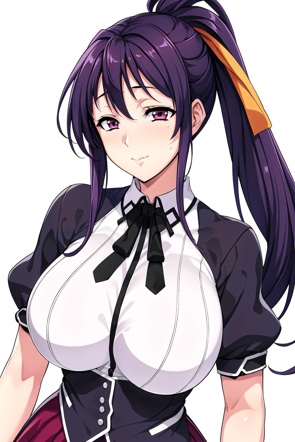 Simple White Background,
dynamic pose,standing at attention,
Black neckwear,white shirt,short_sleeves,puffy sleeves,
Red pleated skirt,school uniform,
<lora:Himejima_Akeno_DXD-KK77-V4:0.7>,
purple_eyes,Purple_hair,Bangs,Yellow hair Ribbon,long hair, high ponytail,
<lora:Oda_Non_Style-KK77-V2:0.3>,<lora:more_details:0.1>,<lora:Highschool_DXD_Style-KK77-V1:0.3>,
1 girl, 20yo,Young female,Beautiful long legs,Beautiful body,
Beautiful Nose,Beautiful character design, perfect eyes, perfect face,expressive eyes,perfect balance,
looking at viewer,(Focus on her face),closed mouth, (innocent_big_eyes:1.0),(Light_Smile:0.3),
official art,extremely detailed CG unity 8k wallpaper, perfect lighting,Colorful, Bright_Front_face_Lighting,White skin,
(masterpiece:1.0),(best_quality:1.0), ultra high res,4K,ultra-detailed,
photography, 8K, HDR, highres, absurdres:1.2, Kodak portra 400, film grain, blurry background, bokeh:1.2, lens flare, (vibrant_color:1.2),professional photograph,
(Beautiful,large_Breasts:1.4), (beautiful_face:1.5),(narrow_waist),